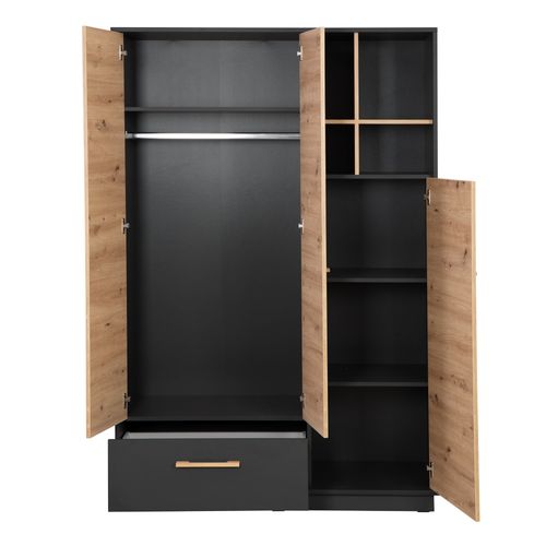 Armoire Bébé Lenn 3 Portes À Fermeture Douce - Poignées En Bois Massif - Anthracite - Décor Bois