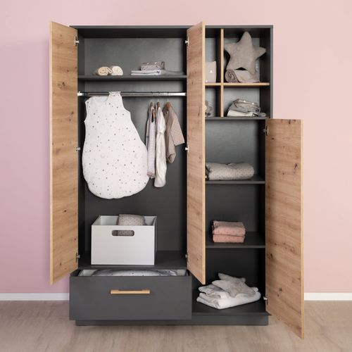 Armoire Bébé Lenn 3 Portes À Fermeture Douce - Poignées En Bois Massif - Anthracite - Décor Bois