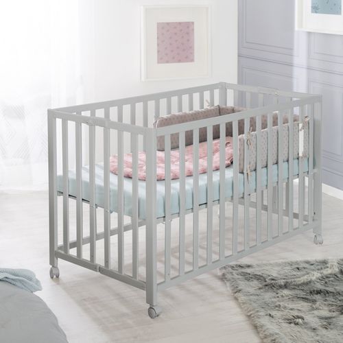 Lit Bébé Pliant 60x120 Réglable En Hauteur - Bois Laqué Taupe - Avec Roulettes - Fold Up