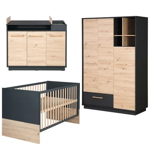 Chambre Bébé Trio Lenn - Lit Évolutif 70x140 + Commode à Langer + Armoire - Anthracite - Décor Bois