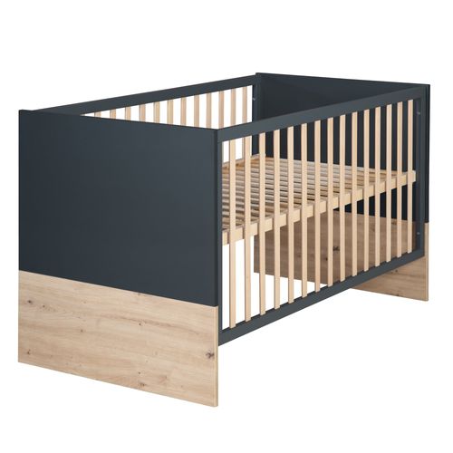 Chambre Bébé Trio Lenn - Lit Évolutif 70x140 + Commode à Langer + Armoire - Anthracite - Décor Bois