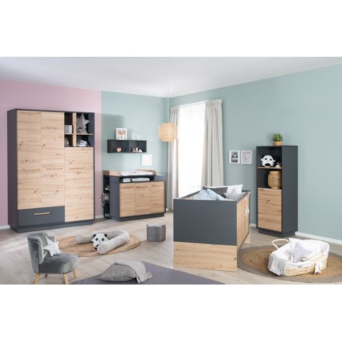 Chambre Bébé Trio Lenn - Lit Évolutif 70x140 + Commode à Langer + Armoire - Anthracite - Décor Bois