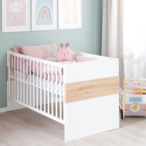 Chambre Bébé Trio Lion - Lit Évolutif 70x140 + Commode à Langer + Armoire - Blanc - Décor Bois