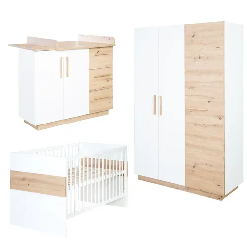 Chambre Bébé Trio Lion - Lit Évolutif 70x140 + Commode à Langer + Armoire - Blanc - Décor Bois