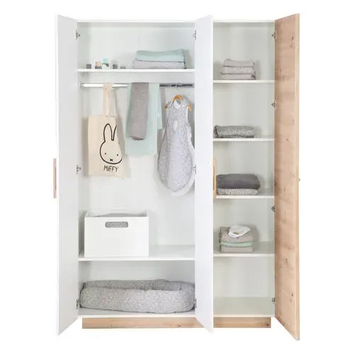 Chambre Bébé Trio Lion - Lit Évolutif 70x140 + Commode à Langer + Armoire - Blanc - Décor Bois