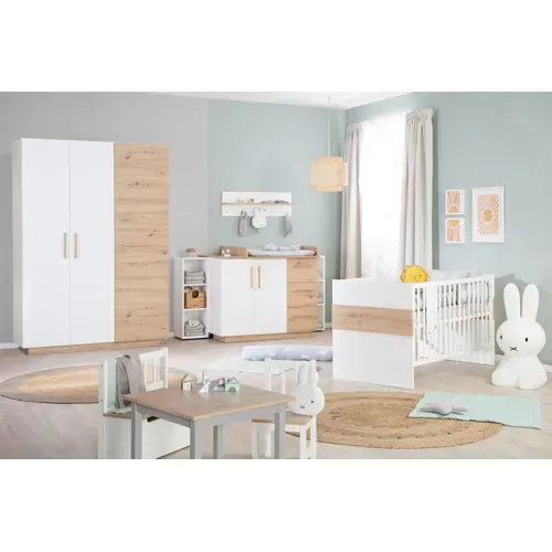 Chambre Bébé Trio Lion - Lit Évolutif 70x140 + Commode à Langer + Armoire - Blanc - Décor Bois