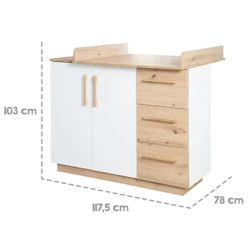 Chambre Bébé Trio Lion - Lit Évolutif 70x140 + Commode à Langer + Armoire - Blanc - Décor Bois