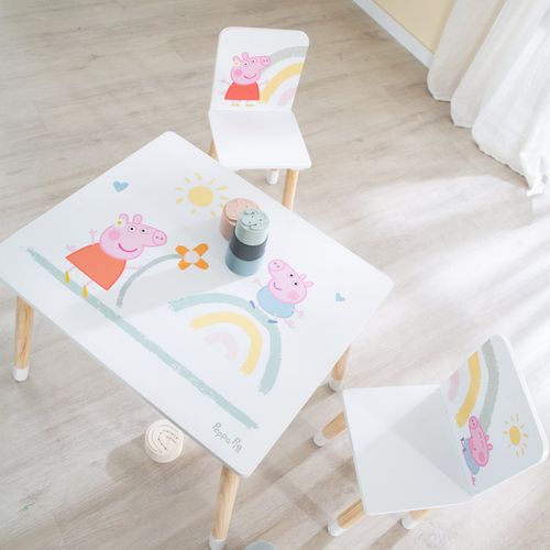 Ensemble Table + 2 Chaises Enfants Peppa Pig - Motif Truie - Pieds En Bois Naturel - Rose