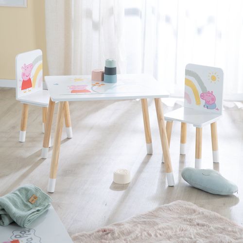 Ensemble Table + 2 Chaises Enfants Peppa Pig - Motif Truie - Pieds En Bois Naturel - Rose