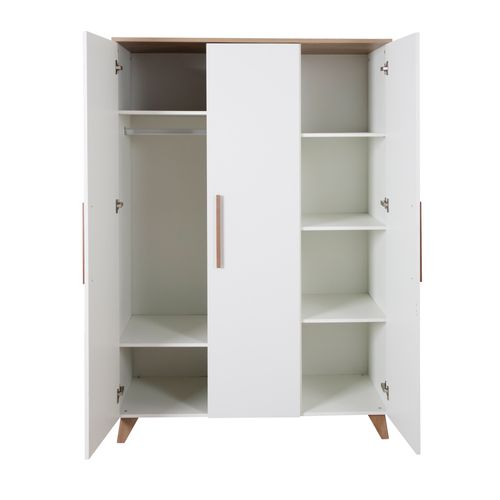 Armoire Bébé 3 Portes Battantes Ole - Blanc Mat - Chêne Massif - Penderie Et 5 étagères