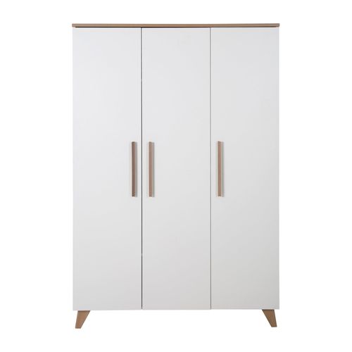 Armoire Bébé 3 Portes Battantes Ole - Blanc Mat - Chêne Massif - Penderie Et 5 étagères