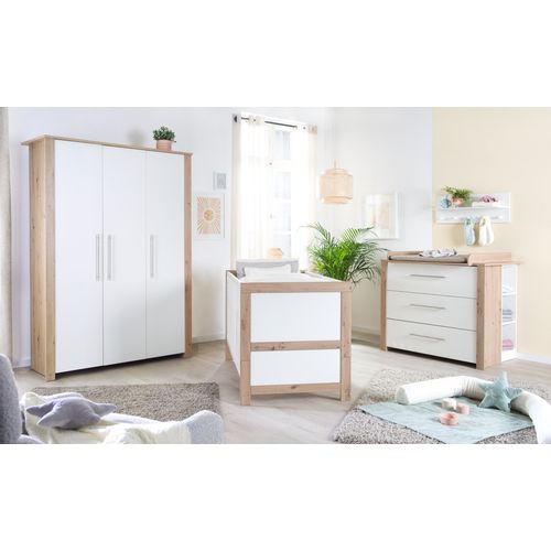 Armoire Bébé 3 Portes Battantes Malo - Blanc - Chêne Sonoma Clair - Penderie Et 6 Étagères