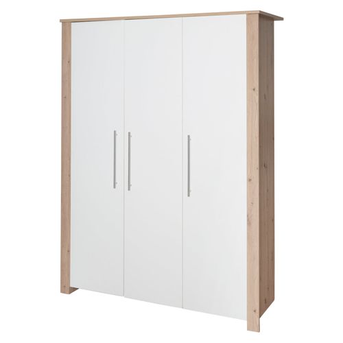 Armoire Bébé 3 Portes Battantes Malo - Blanc - Chêne Sonoma Clair - Penderie Et 6 Étagères