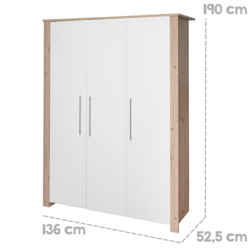 Armoire Bébé 3 Portes Battantes Malo - Blanc - Chêne Sonoma Clair - Penderie Et 6 Étagères