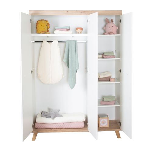 Armoire Bébé 3 Portes Battantes Malo - Blanc - Chêne Sonoma Clair - Penderie Et 6 Étagères