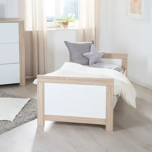 Chambre Bébé Complète Malo - Lit Évolutif 70x140 + Commode à Langer + Armoire - Blanc - Décor Chêne