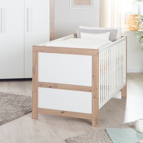 Chambre Bébé Complète Malo - Lit Évolutif 70x140 + Commode à Langer + Armoire - Blanc - Décor Chêne