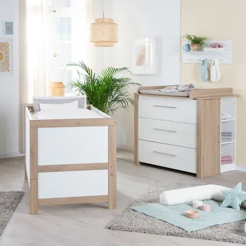 Chambre Bébé Complète Malo - Lit Évolutif 70x140 + Commode à Langer + Armoire - Blanc - Décor Chêne