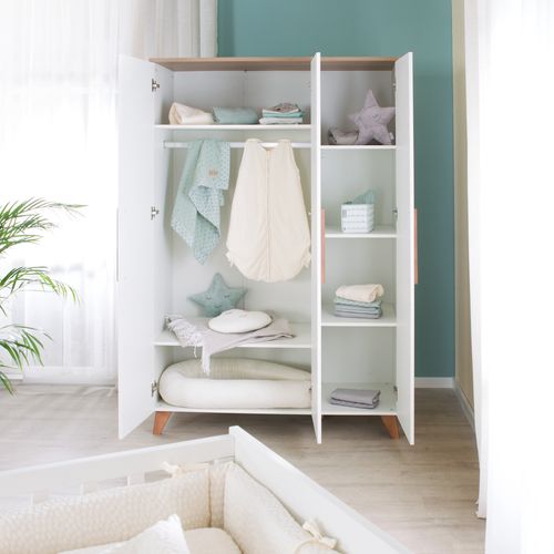 Chambre Bébé Complète Ole - Lit évolutif 70x140 + Commode à Langer + Armoire - Blanc - Chêne Foncé