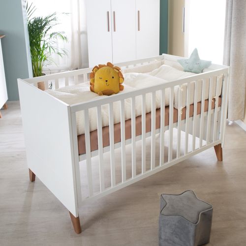 Chambre Bébé Complète Ole - Lit évolutif 70x140 + Commode à Langer + Armoire - Blanc - Chêne Foncé