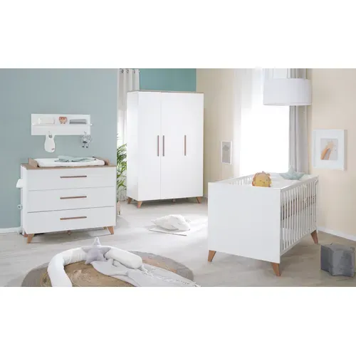 Chambre Bébé Complète Ole - Lit évolutif 70x140 + Commode à Langer + Armoire - Blanc - Chêne Foncé