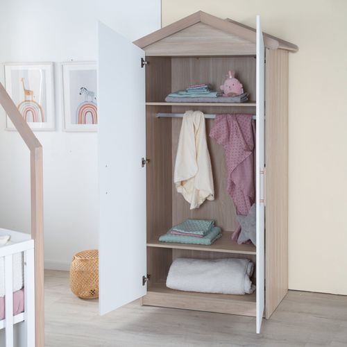 Armoire Bébé 2 Portes à Fermeture Douce Blanc Et Chêne - Cabane