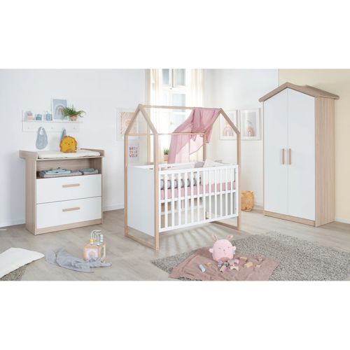 Chambre Bébé Complète - Armoire 2 Portes + Lit 60x120 + Commode À Langer - Blanc Et Chêne - Cabane