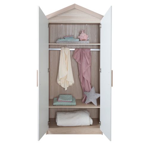 Chambre Bébé Complète - Armoire 2 Portes + Lit 60x120 + Commode À Langer - Blanc Et Chêne - Cabane