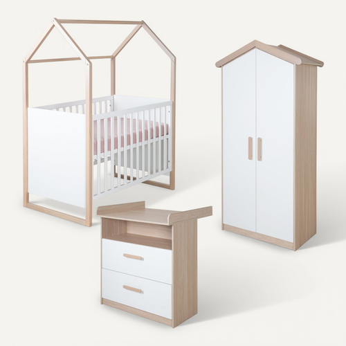 Chambre Bébé Complète - Armoire 2 Portes + Lit 60x120 + Commode À Langer - Blanc Et Chêne - Cabane