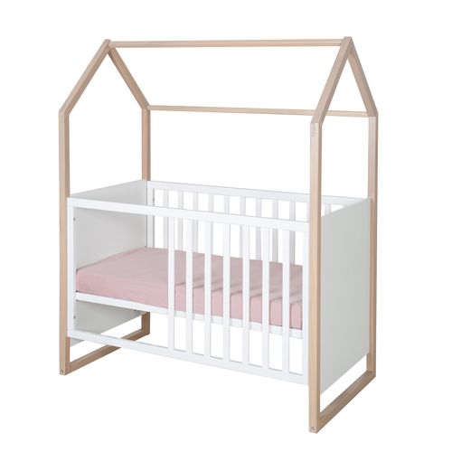 Chambre Bébé Complète - Armoire 2 Portes + Lit 60x120 + Commode À Langer - Blanc Et Chêne - Cabane