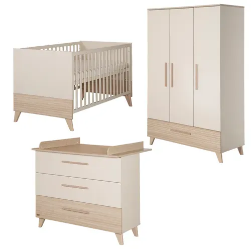 Chambre Bébé Trio Sidney - Lit Évolutif 70x140 + Commode à Langer + Armoire - Beige - Décor Chêne