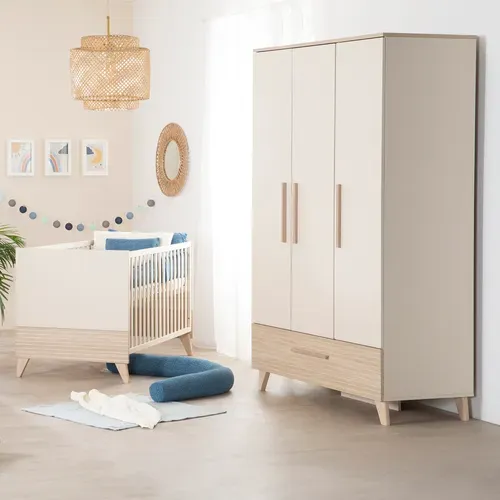 Chambre Bébé Trio Sidney - Lit Évolutif 70x140 + Commode à Langer + Armoire - Beige - Décor Chêne