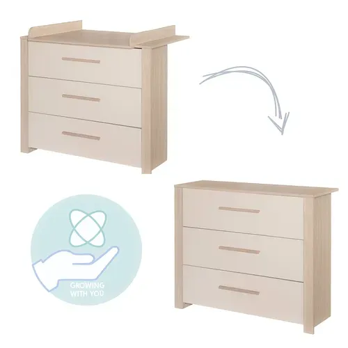 Chambre Bébé Complète - Armoire + Lit évolutif 70x140 + Commode À Langer - Beige Et Chêne - Momo