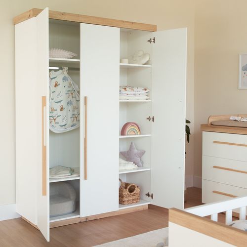 Armoire Enfant 3 Portes - Fermeture Douce - Blanc Et Chêne - Lumo
