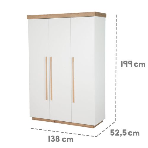 Armoire Enfant 3 Portes - Fermeture Douce - Blanc Et Chêne - Lumo