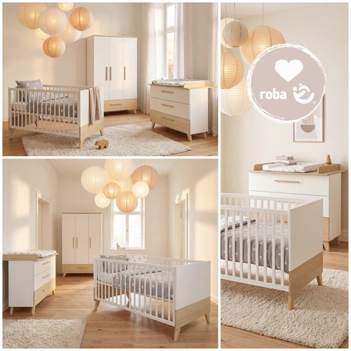 Ensemble Chambre Bébé 'Theo' Trio - Lit 70x140 + Commode à Langer + Armoire - Blanc / Chêne