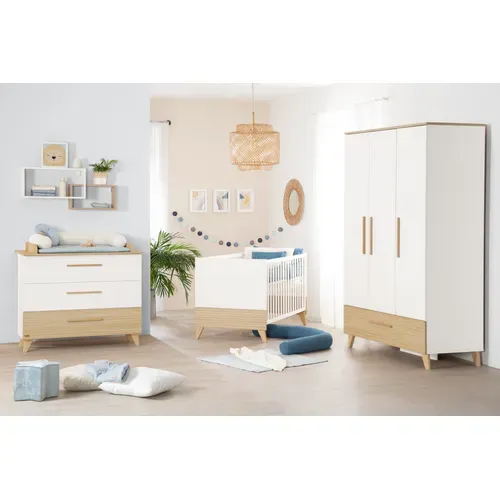 Ensemble Chambre Bébé 'Theo' Trio - Lit 70x140 + Commode à Langer + Armoire - Blanc / Chêne