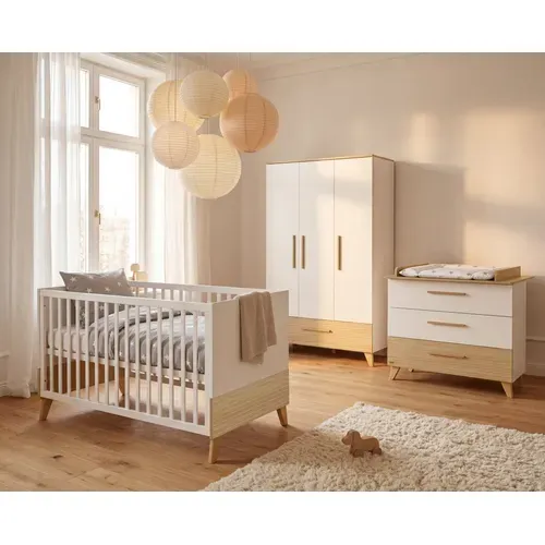 Ensemble Chambre Bébé 'Theo' Trio - Lit 70x140 + Commode à Langer + Armoire - Blanc / Chêne