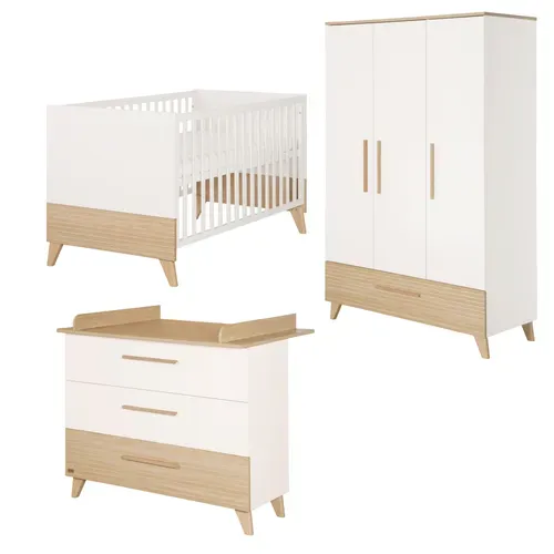 Ensemble Chambre Bébé 'Theo' Trio - Lit 70x140 + Commode à Langer + Armoire - Blanc / Chêne