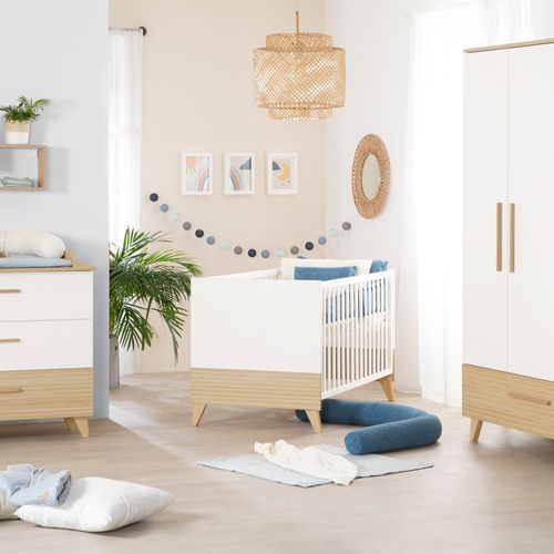 Ensemble Chambre Bébé 'Theo' Trio - Lit 70x140 + Commode à Langer + Armoire - Blanc / Chêne
