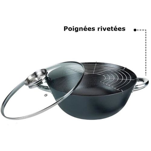 Set Wok Multifonction 5 Pièces 32 Cm, Fonte, Antiadhésif Sans Pfoa/ptfe, Induction Compatible