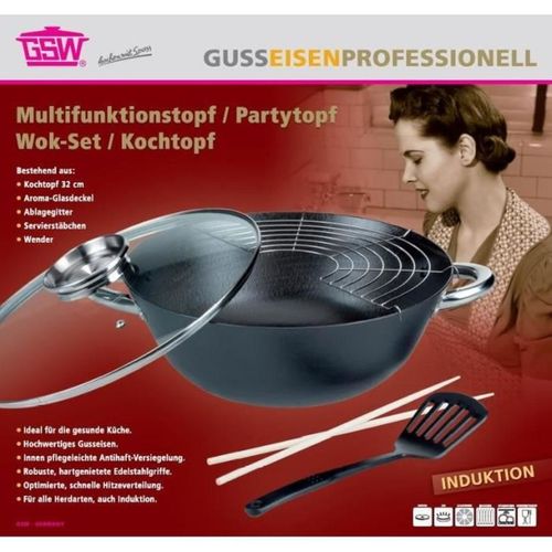 Set Wok Multifonction 5 Pièces 32 Cm, Fonte, Antiadhésif Sans Pfoa/ptfe, Induction Compatible