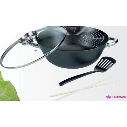 Set Wok Multifonction 5 Pièces 32 Cm, Fonte, Antiadhésif Sans Pfoa/ptfe, Induction Compatible