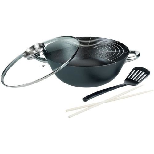 Set Wok Multifonction 5 Pièces 32 Cm, Fonte, Antiadhésif Sans Pfoa/ptfe, Induction Compatible