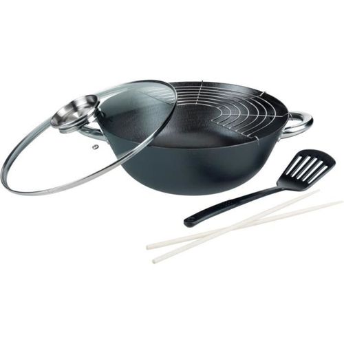 Set Wok Multifonction 5 Pièces 32 Cm, Fonte, Antiadhésif Sans Pfoa/ptfe, Induction Compatible