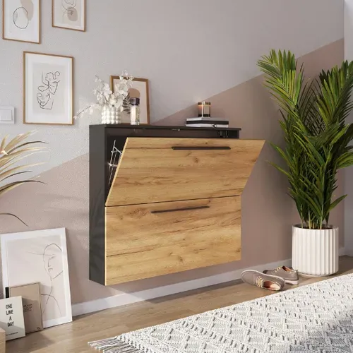 Meuble à Chaussures Mural Gris Et Chêne 2 Portes Nava