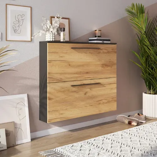 Meuble à Chaussures Mural Gris Et Chêne 2 Portes Nava