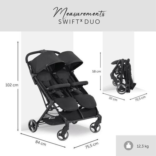 Poussette Double - Swift X Duo - 4 Roues - Pliage à 1 Main - Noir