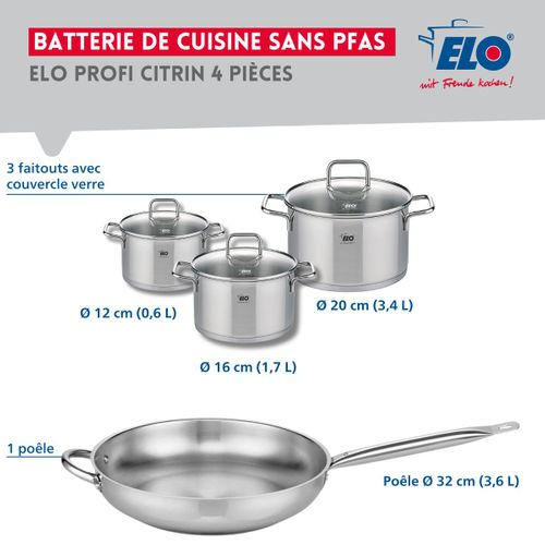 Set De 1 Poêle De Cuisson 32 Cm Et 3 Faitouts 12, 16 Et 20 Cm Elo Profi Citrin
