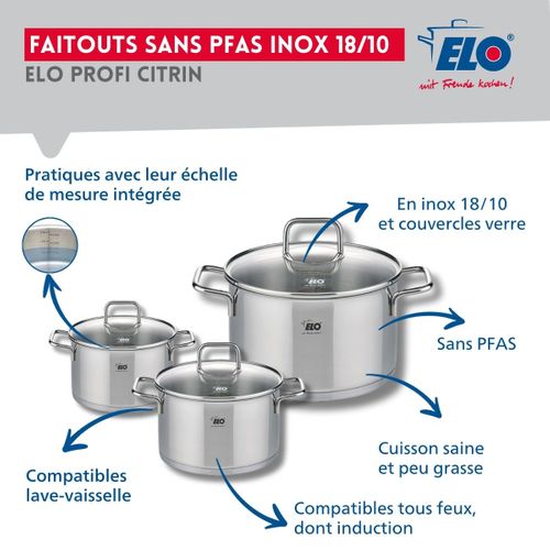 Set De 1 Poêle De Cuisson 32 Cm Et 3 Faitouts 12, 16 Et 20 Cm Elo Profi Citrin